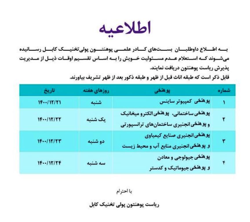 اطلاعیه بست های کادری پوهنتون پولی تخنیک کابل