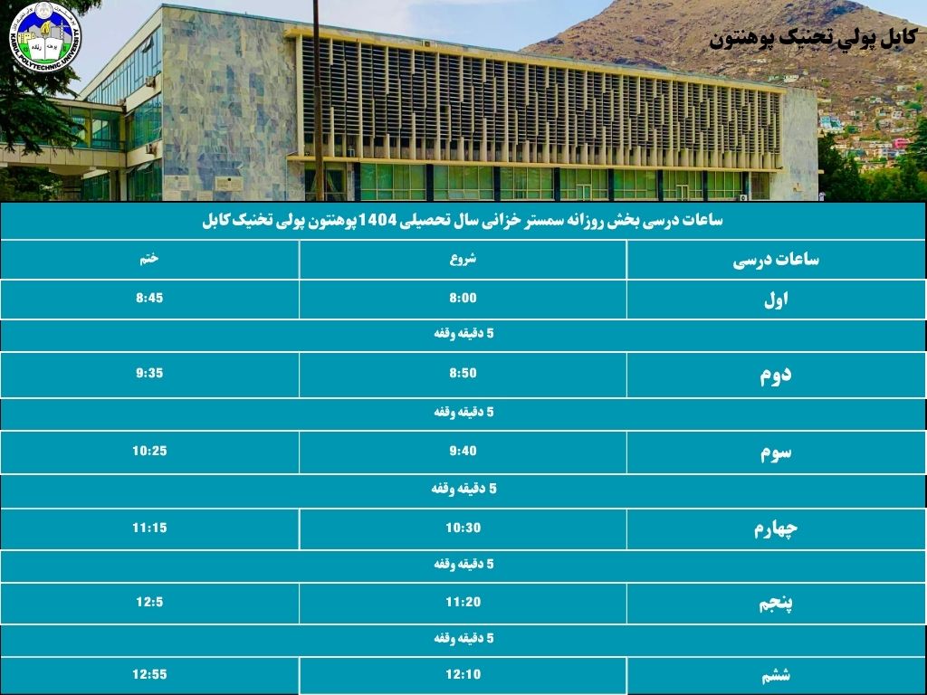 ساعات درسی بخش روزانه سمستر خزانی سال تحصیلی 1404 پوهنتون پولی تخنیک کابل.