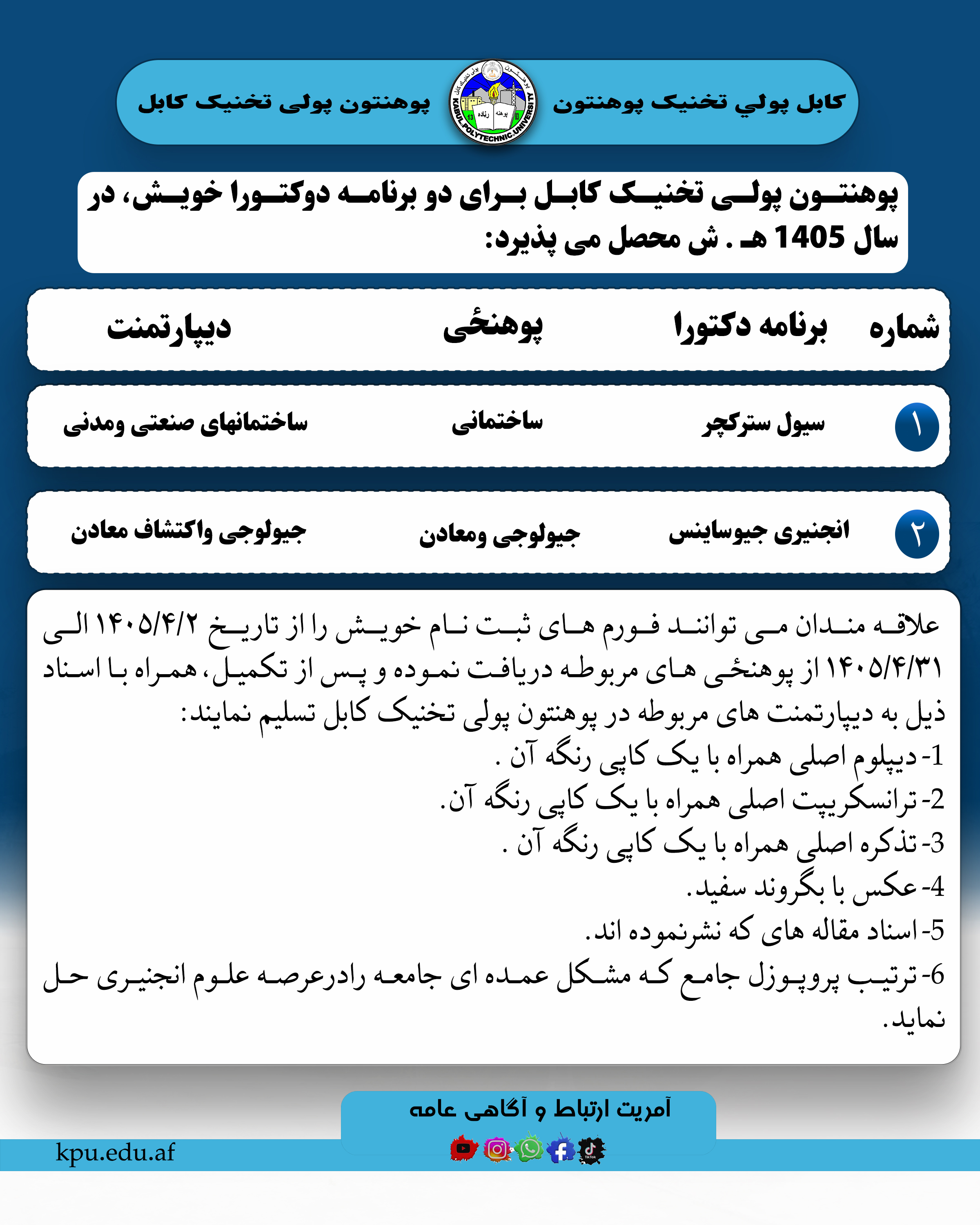 پوهنتون پولی تخنیک کابل برای دو برنامه دوکتورا خویش در سال 1405 هـ . ش محصل می پذیرد.