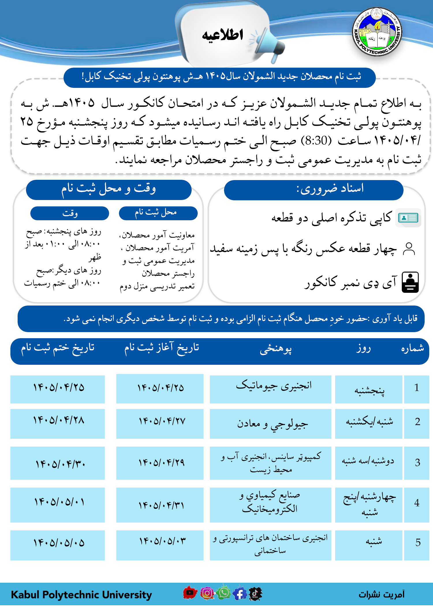 ثبت نام محصلان جدید الشمولان سال 1405 هـ ش پوهنتون پولی تخنیک کابل